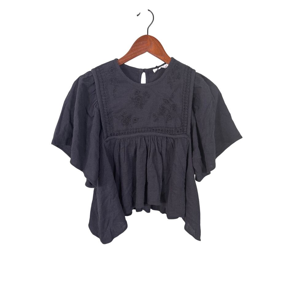 Unsubscribed Women Size 2 Black‎ Smocked Peplum Floral Boho Sleeve Short Blouse